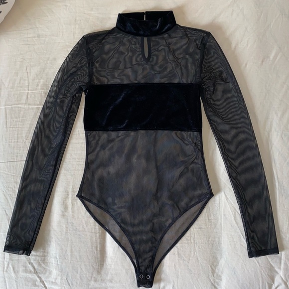 Sheer mesh long sleeve bodysuit with velvet - Picture 4 of 4